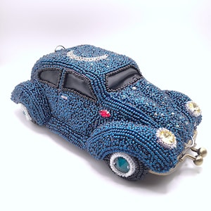 Decorative beaded bag blue car purse embroidery bead handmade coin purse