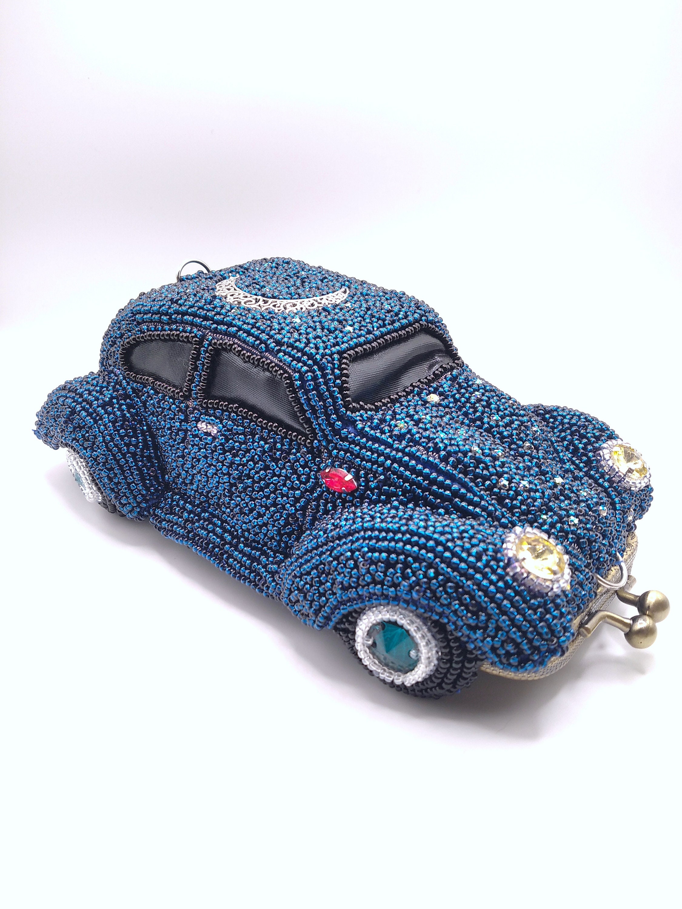 Decorative beaded bag blue car purse embroidery bead handmade coin purse