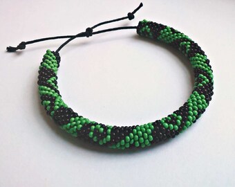 Men's Crochet Beaded Bracelet: Green Wave Seed Bead Jewelry
