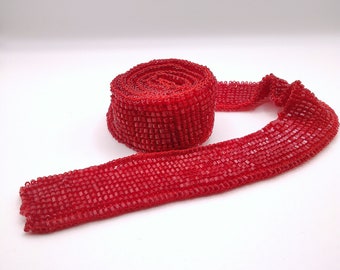 Red Beaded Scarf: Knitted Seed Bead Jewelry Necklace