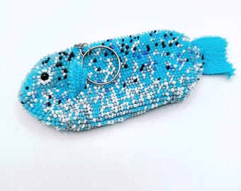 Beaded blue fish coin purse handmade bead crochet bag animal wallet