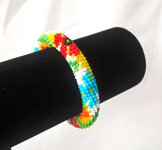 Handmade Seed Bead Bracelet: Knitted Floral Beadwork Jewelry