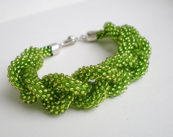Green Seed Bead Crochet Bracelet: Braided Beadwork Jewelry