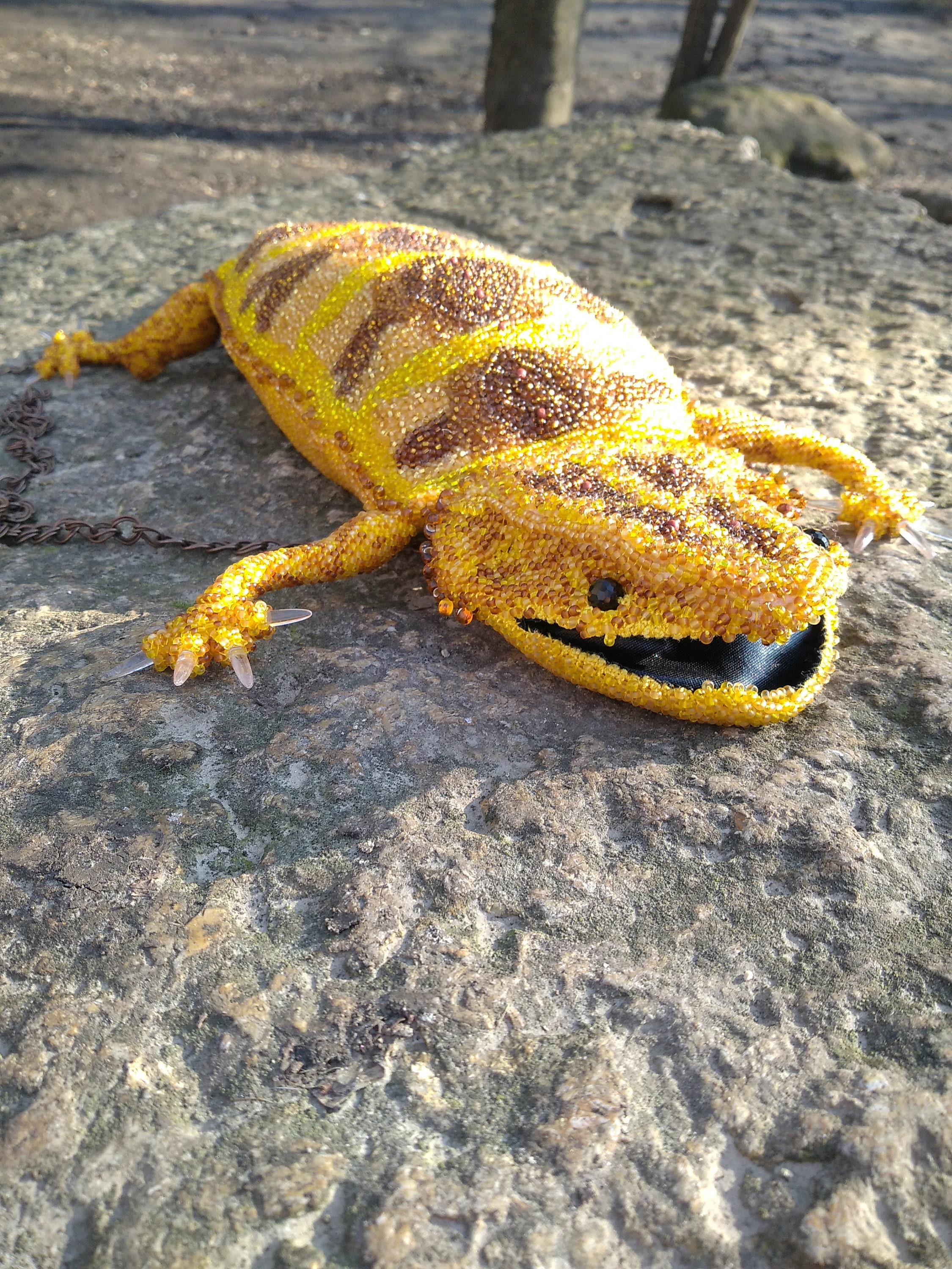 Beaded Bearded Dragon Bag Yellow Lizard Purse Handmade Crochet