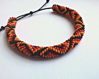 Beaded Men's Bracelet: Orange Red Black Seed Bead Jewelry