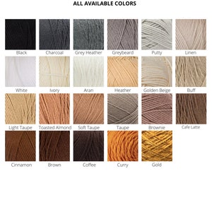 A chart with 23 different shades of colors available to choose from, ranging from black to white in shades of grey and brown.