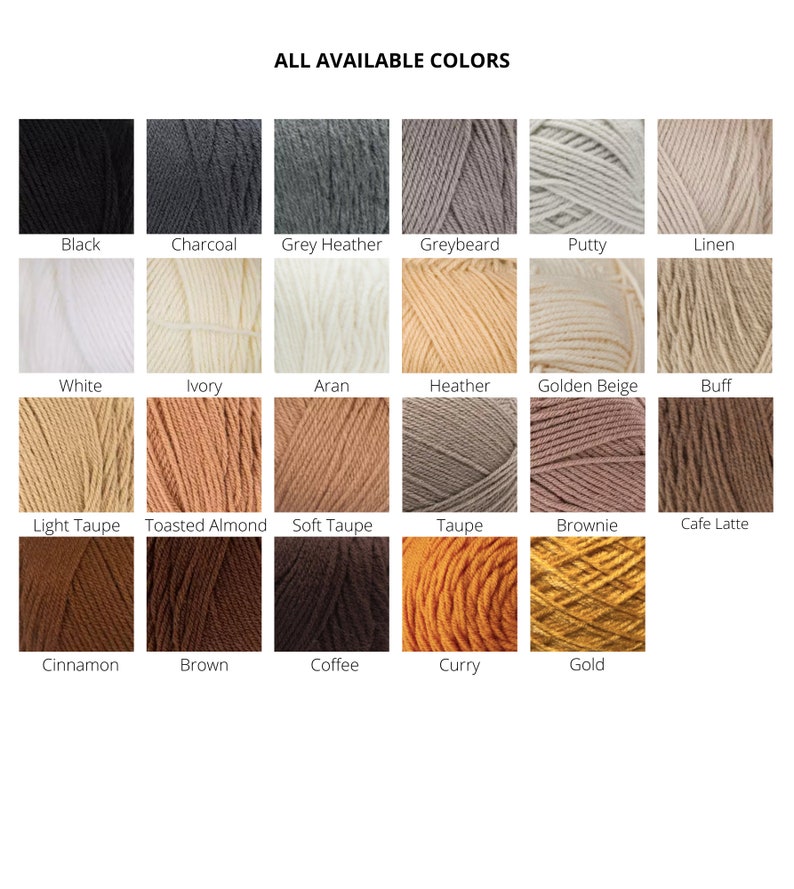 A chart with 23 different shades of colors available to choose from, ranging from black to white in shades of grey and brown.