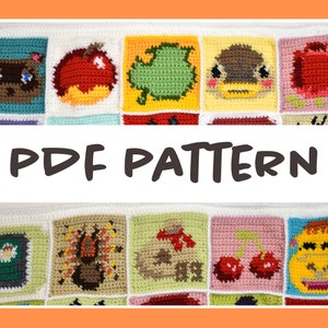 May include: A crochet pattern for a blanket featuring various characters and items from the Animal Crossing video game. The pattern includes characters like Tom Nook, Isabelle, and villagers, as well as items like apples, cherries, and a spider. The pattern is available as a PDF download.