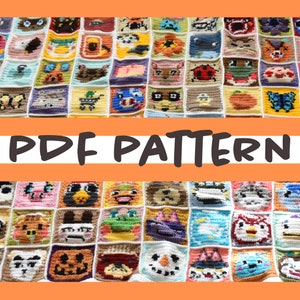 Puede incluir: Una manta de crochet colorida con varios personajes de animales, incluyendo un pingüino, una ardilla, un ciervo y una rana. La manta está hecha de cuadrados individuales, cada uno con un diseño de animal diferente. El texto "PDF PATTERN" está impreso en negro sobre un fondo blanco.