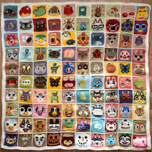 May include: A crocheted blanket featuring a grid of colorful squares with animal characters from the Animal Crossing video game series. Each square is a different color and features a different character, such as a squirrel, a cat, a dog, a frog, and a penguin.