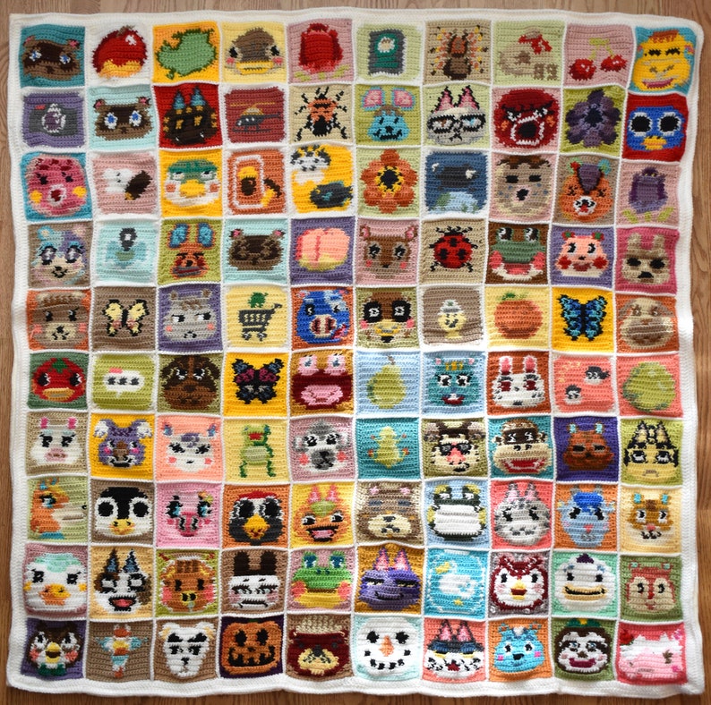 May include: A crocheted blanket featuring a grid of colorful squares with animal characters from the Animal Crossing video game series. Each square is a different color and features a different character, such as a squirrel, a cat, a dog, a frog, and a penguin.