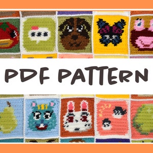 May include: A colorful crochet blanket with various animal and fruit characters. The blanket is made up of individual squares, each featuring a different design. The text "PDF PATTERN" is displayed in the center of the image.