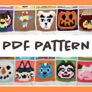 May include: A crochet blanket featuring various Animal Crossing characters, including a pumpkin, a bear, a sloth, a cat, and a snowman. The blanket is made with colorful yarn and has a white border. The text "PDF PATTERN" is written in brown letters on a white background.