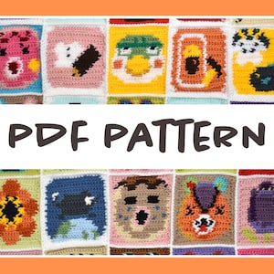 May include: A colorful crochet blanket with a variety of animal and flower squares. The blanket is made with different colored yarn and has a white border around each square. The text "PDF PATTERN" is written in black on a white background.