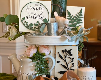 Live Simply Bloom Wildly signs, Spring signs, botanical signs, Rae Dunn, tiered tray decor