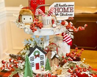 Christmas tiered tray decor, tiered tray decor, tiered tray signs, Christmas signs, All hearts come home sign,  Sled sign