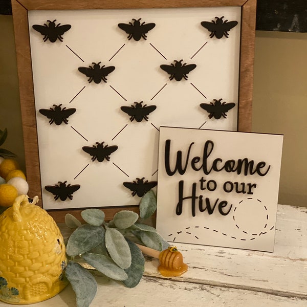 Layering bee sign, Bee signs, be sweet, welcome to our hive, tiered tray decor, honey sign