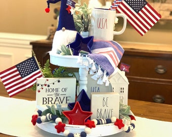 Home of the brave sign, Patriotic tiered tray sign, 4th of July sign, Memorial Day decor, Labor Day sign, tray sign