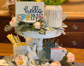Hello Spring 3D sign, tiered tray decor, Rae Dunn accessory