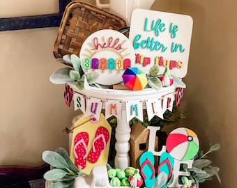 Summer tiered tray, tiered tray sign, tray decor, flip flop signs