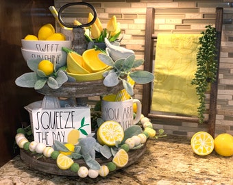 Tiered tray sign, Squeeze the day sign, tray sign, Rae Dunn inspired sign, mini sign, farmhouse sign, summer decor, spring decor, lemon sign