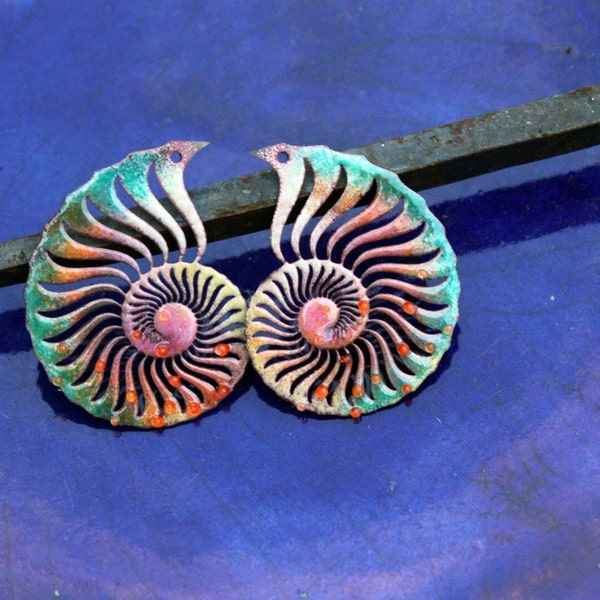 Enamelled copper charms / Shells, ammonites- pink yellow turquoise orange / pieces for creation / craft
