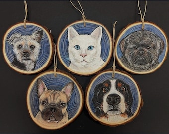 Custom Pet Portrait Ornament – Hand Painted on Wood Slice | Personalized Pet Gift | Dog or Cat Christmas Ornament | Hand Drawn Acrylic Art