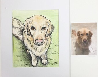 pintura de un retrato de mascota: lápiz y dibujo de tinta con color de pintura acrílica de una foto! Convierte una de tus fotos en una obra de arte personalizada.