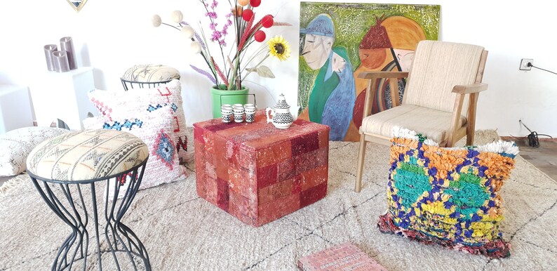Footstool Square Poufs Patchwork Kilim Pouf Vintage Moroccan Pouffe Square Blue Accent Seating Ottoman Square Pouf Ottoman Cube