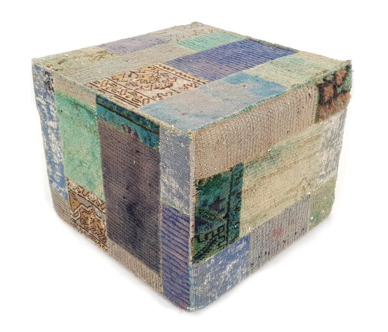 Footstool Square Poufs Patchwork Kilim Pouf Vintage Moroccan Pouffe Square Blue Accent Seating Ottoman Square Pouf Ottoman Cube