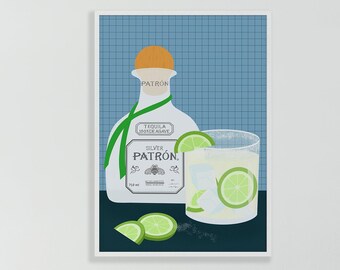 Patron Tequila Silver Illustration Print, Patron Bottle Illustration, Margarita Cocktail Print, Kitchen Drinks Art, Tequila Cocktail Print