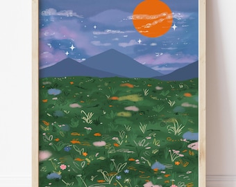 Lámina ilustrada de pradera de montaña, pintura de paisaje caprichosa, arte mural de naturaleza, decoración mural floral, arte de atardecer naranja, flores silvestres