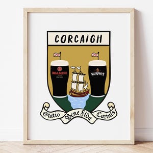 Cork Ireland Illustration Print, Cork Coat of Arms, Beamish Pint, Murphys Pint, County Cork, Irish Art, Wall Art, Irish Humour
