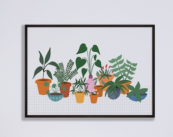 Illustration de plantes en pot, impression d'art plante d'intérieur, art mural amateur de plantes, art végétal contemporain, impression d'art de feuilles et de fleurs, pots de fleurs amusants