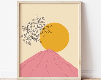 Pink Art Print, Abstract Mount Fuji Art, Pink Yellow Wall Decor, Simple Japanese Art, Minimalist Line Print, Bamboo Line Drawing, Minimal