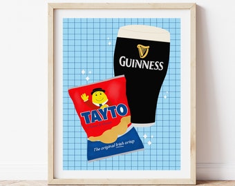 Guinness Illustration Print, Tayto Crisps Illustration, Irish Food Art Print, Modern Guinness Art, Irish Art Print, Tayto and Guinness Print