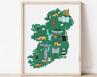 Ireland Map Illustration, Irish Art Print, Fun Irish Illustration, Illustrated Map Ireland, Ireland Poster, Ireland Gift Art, Irish Map