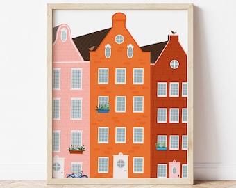 Amsterdam Illustration Print, Amsterdam Travel, The Netherlands Art, Amsterdam Street Illustration, Amsterdam Building Illustration Print