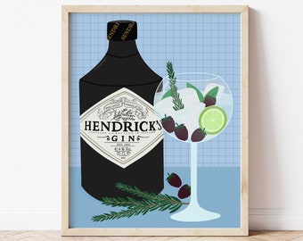 Gin and Tonic Illustration Print, Hendricks Gin Print, Drinks Art Print, Gin Cocktail Poster, Bar Wall Art, Gin Lover Gift , G and T Gift