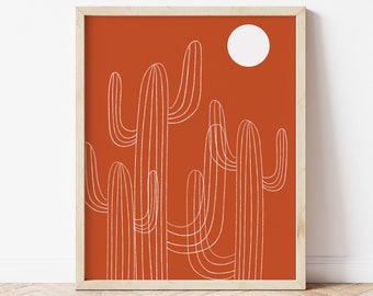 Simple Cactus Illustration Printable, Cactus Line Art, Burnt Orange Printable, Boho Illustration, Cactus Art, Desert Theme Decor, Bohemian