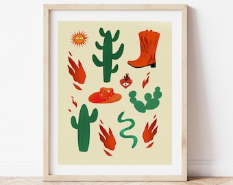 Desert Illustration Print, Cowboy Illustration, Cowgirl Art Pattern, Cactus Wall Art, Western Illustration Print, Cactus Art Pattern