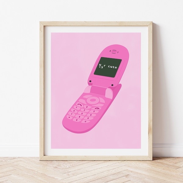 Flip Phone Illustration Print, Pink Retro Phone Print, You Are Cute Saying Print, Y2K Aesthetic, 90's Style Art, Girly Pink Pastel, BFF Art