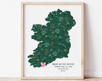 Ireland Map Illustration Print, Custom Loveheart Map Ireland, Personalised Irish Print, Engagement Gift, Wedding Gift Ireland, Anniversary