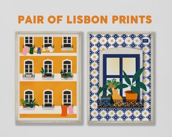 Pair of Lisbon illustration Prints, Bundle of Travel Prints, Portuguese Building Prints, Cute Buildings Illustration, Travel lover Art Print