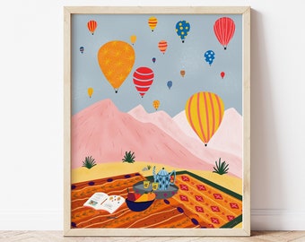 Hot Air Balloon Illustration, Cappadocia Print, Turkey Print, Mountain Landscape, Turkish Rug Art, Whimsical Wall Decor, Colourful Art