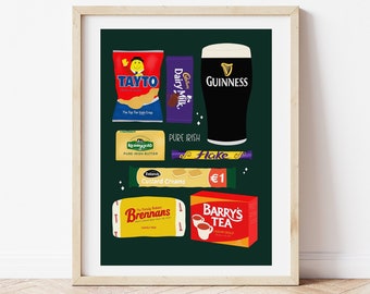 Pure Irish Essentials Print, Irish Snacks Art, Ireland Food Print, Irish Wall Art, Barry's Tea Print, Irish Gift, Food Packet Illustration