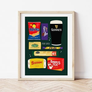 Pure Irish Essentials Print, Irish Snacks Art, Ireland Food Print, Irish Wall Art, Barry's Tea Print, Irish Gift, Food Packet Illustration