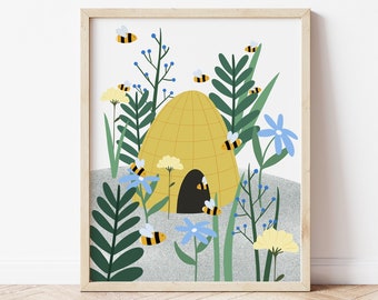 Hummel Illustration, Kunstdruck, Blumenkunst, Bienenstock Kunstdruck, Tier Thema Dekor, niedlichen Kinderzimmer, Wandkunst, Wildblumen Druck
