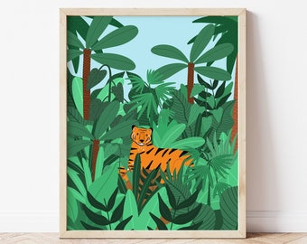 Tiger In The Jungle Print, Tropical Jungle Print, Tropical Theme Nursery, Kids Room, Jungle Art Print, Childrens Room Art, A4 A3 Art