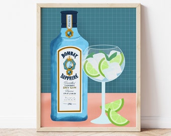 Gin and Tonic Illustration Print,  Bombay Sapphire Gin Illustration, Gin And Tonic Poster, Bombay Sapphire Gift, Gin Lover, Cocktail Print